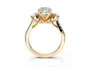 3 Stone Engagement Ring Setting for Cushion Cut Center with Crossover Basket, Pave Band and Prong Head in Yellow Gold
