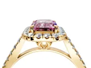 Halo Engagement Ring Setting for Fancy Pink Emerald Cut Center with Raised Halo, Pave Band and Prong Head in Yellow Gold