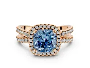 Halo Engagement Ring Setting for Fancy Blue Cushion Cut Center with Double Pave Split Shank and Prong Head in Rose Gold