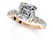 Shared-Prong Engagement Ring Setting for Asscher Cut Center with Graduated Accents and Prong Head in Rose Gold