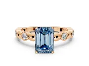Solitaire Engagement Ring Setting for Fancy Blue Emerald Cut Center with Beaded Bezel Station Band and Prong Head in Rose Gold