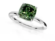 Low-Set Solitaire Engagement Ring Setting for Fancy Green Cushion Cut Center with Thin Plain Band and Prong Head in White Gold