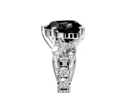 3 Stone Engagement Ring Setting for Fancy Black Heart-Shaped Center with Crossover Basket, Pave Band and Prong Head in Platinum