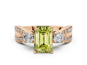 3 Stone Engagement Ring Setting for Fancy Yellow Emerald Cut Center with Pave Twist Band and Prong Head in Rose Gold