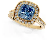 Halo Engagement Ring Setting for Fancy Blue Cushion Cut Center with Milgrain Pave Band and Bezel Head in Yellow Gold