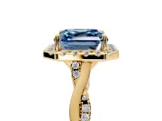 Halo Engagement Ring Setting for Fancy Blue Asscher Cut Center with Twist Band and Prong Head in Yellow Gold