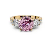 3 Stone Engagement Ring Setting for Fancy Pink Round Cut Center with Crossover Basket, Pave Band and Prong Head in Yellow Gold