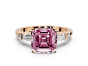 Bar-Set Engagement Ring Setting for Fancy Pink Asscher Cut Center with Tapered Baguette Accents and Prong Head in Rose Gold