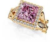 Halo Engagement Ring Setting for Fancy Pink Princess Cut Center with Leaf Motif Split Shank and Prong Head in Yellow Gold