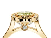 Halo Engagement Ring Setting for Fancy Yellow Oval Center with Milgrain Frame, Pave Band and Prong Head in Yellow Gold