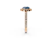 Pave Halo Engagement Ring Setting for Fancy Blue Round Cut Center with Single Row Pave Band and Prong Head in Rose Gold