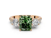 3 Stone Engagement Ring Setting for Fancy Green Radiant Cut Center with Crossover Basket, Pave Band and Prong Head in Rose Gold