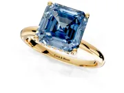 Hidden Halo Engagement Ring Setting for Fancy Blue Asscher Cut Center with Thin Round-Wire Band and Prong Head in Yellow Gold