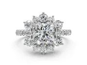 Floral Halo Engagement Ring Setting for Princess Cut Center with Pave Accents and Prong Head in Sterling Silver