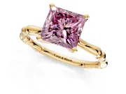 Solitaire Engagement Ring Setting for Fancy Pink Princess Cut Center with Bamboo Band and Prong Head in Yellow Gold