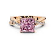 Crossover Engagement Ring Setting for Fancy Pink Princess Cut Center with Pave and Plain Strands and Prong Head in Rose Gold