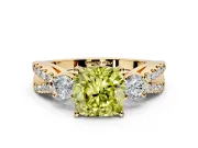3 Stone Engagement Ring Setting for Fancy Yellow Cushion Cut Center with Pave Split Shank and Prong Head in Yellow Gold