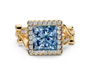 Halo Engagement Ring Setting for Fancy Blue Princess Cut Center with Leaf Motif Split Shank and Prong Head in Yellow Gold