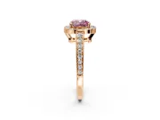 Bezel-Framed Halo Engagement Ring Setting for Fancy Pink Cushion Cut Center with Pave Band and Prong Head in Rose Gold
