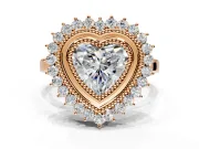 Halo Engagement Ring Setting for Heart-Shaped Center with Milgrain Bezel Rim, Plain Band and Prong Head in Rose Gold