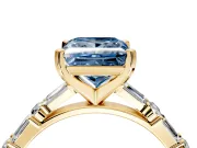 Baguette Engagement Ring Setting for Fancy Blue Princess Cut Center with Alternating Bar-Set Band and Prong Head in Yellow Gold