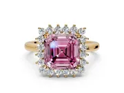 Starburst Halo Engagement Ring Setting for Fancy Pink Asscher Cut Center with Thin Round-Wire Band and Prong Head in Yellow Gold