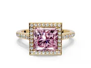 Halo Engagement Ring Setting for Fancy Pink Princess Cut Center with Pave Accents, Heart Basket and Prong Head in Yellow Gold