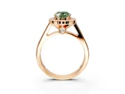 Halo Engagement Ring Setting for Fancy Green Oval Center with Outer Bezel Rim, Pave Band and Prong Head in Rose Gold