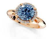Halo Engagement Ring Setting for Fancy Blue Round Cut Center with Tapered Plain Band and Prong Head in Rose Gold