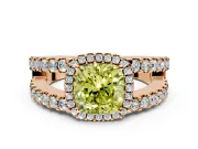 Halo Engagement Ring Setting for Fancy Yellow Cushion Cut Center with Wide-Open Pave Split Shank and Prong Head in Rose Gold