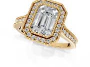 Halo Engagement Ring Setting for Emerald Cut Center with Milgrain Pave Band and Bezel Head in Yellow Gold