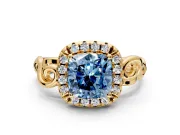 Halo Engagement Ring Setting for Fancy Blue Cushion Cut Center with Open Scroll Shoulders and Prong Head in Yellow Gold