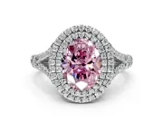 Double Halo Engagement Ring Setting for Fancy Pink Oval Center with Narrow Pave Split Shank and Prong Head in Platinum