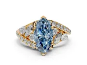 Halo Engagement Ring Setting for Fancy Blue Marquise Center with Marquise and Pave Bypass Band and Prong Head in Yellow Gold