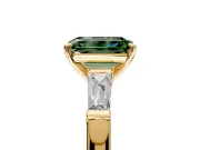 3 Stone Engagement Ring Setting for Fancy Green Emerald Cut Center with Tapered Baguettes, Plain Band and Prong Head in Yellow Gold