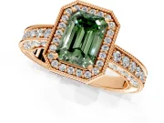 Milgrain Halo Engagement Ring Setting for Fancy Green Emerald Cut Center with Wide Pave Band and Prong Head in Rose Gold