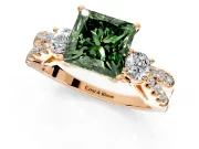 3 Stone Engagement Ring Setting for Fancy Green Princess Cut Center with Pave Split Shank and Prong Head in Rose Gold