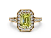 Bezel-Framed Halo Engagement Ring Setting for Fancy Yellow Emerald Cut Center with Pave Band and Prong Head in Yellow Gold