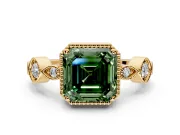 Vintage Station Engagement Ring Setting for Fancy Green Asscher Cut Center with Accents and Prong Head in Yellow Gold