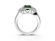 3 Stone Engagement Ring Setting for Fancy Green Asscher Cut Center with Raised Basket Heads and Prong Head in White Gold