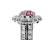 Large Accent Halo Engagement Ring Setting for Fancy Pink Round Cut Center with Pave Split Shank and Prong Head in Platinum