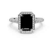 Halo Engagement Ring Setting for Fancy Black Emerald Cut Center with Pave Accents, Heart Basket and Prong Head in Platinum