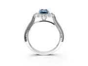 Milgrain Halo Engagement Ring Setting for Fancy Blue Emerald Cut Center with Bezel Point Accents and Prong Head in Platinum