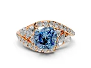 Halo Engagement Ring Setting for Fancy Blue Cushion Cut Center with Marquise and Pave Bypass Band and Prong Head in Rose Gold
