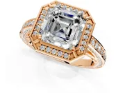 Halo Engagement Ring Setting for Asscher Cut Center with Framed Halo, Pave Band and Prong Head in Rose Gold
