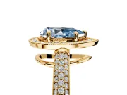 Milgrain Halo Engagement Ring Setting for Fancy Blue Pear-Shaped Center with Three-Sided Pave Band and Prong Head in Yellow Gold