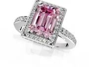 Halo Engagement Ring Setting for Fancy Pink Emerald Cut Center with Metal-Rimmed Halo, Pave Band and Prong Head in Sterling Silver