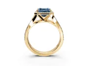 Halo Engagement Ring Setting for Fancy Blue Asscher Cut Center with Narrow Pave Split Shank and Prong Head in Yellow Gold
