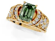 Pave Engagement Ring Setting for Fancy Green Emerald Cut Center with Curved Accent Rows, Openwork and Prong Head in Yellow Gold