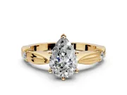 Solitaire Engagement Ring Setting for Pear-Shaped Center with Carved Leaf Shoulders and Prong Head in Yellow Gold